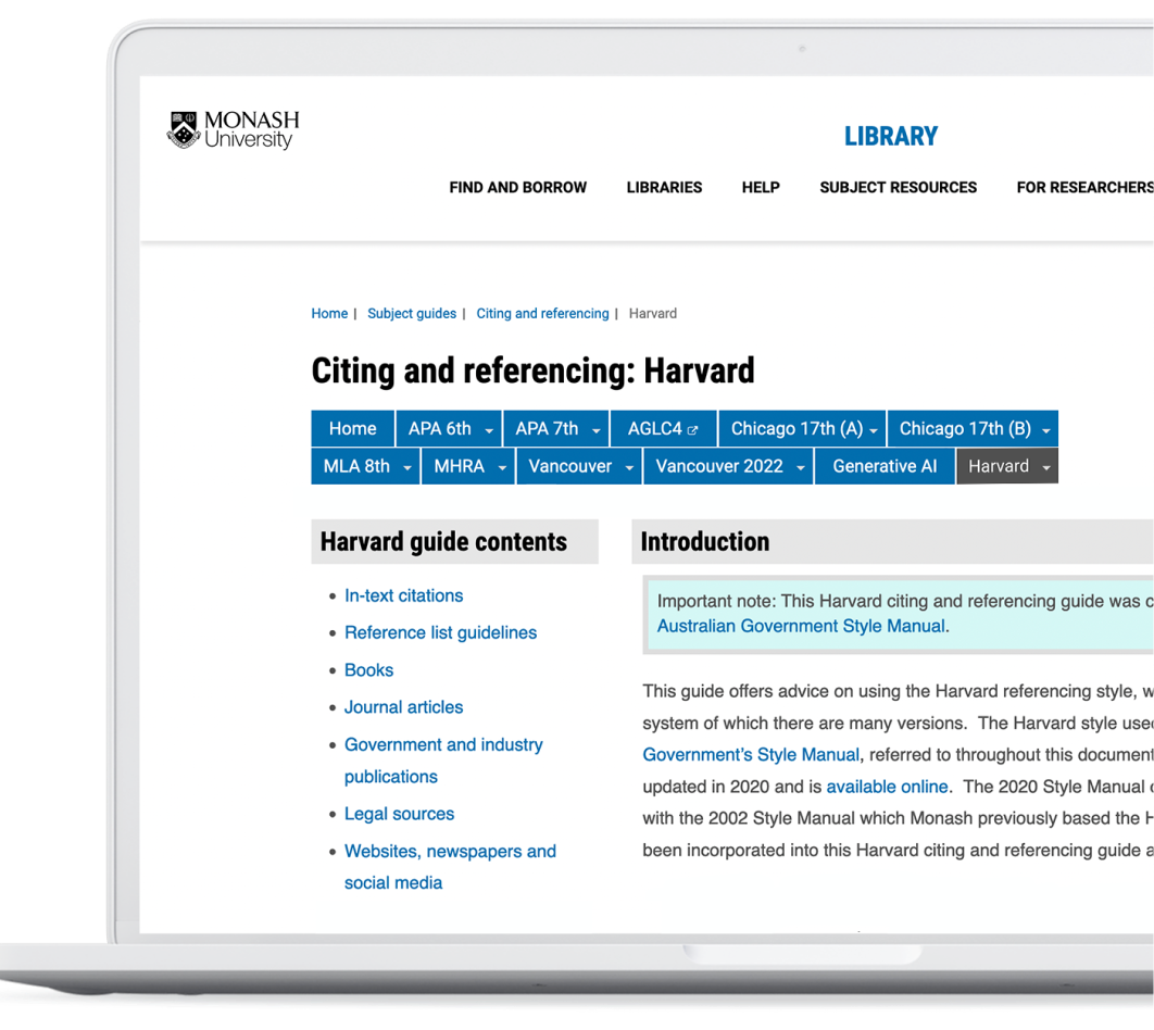 Laptop with screenshot on screen of manual for Harvard style